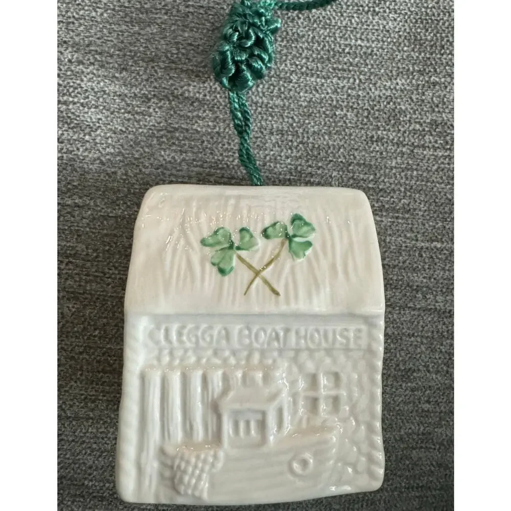 NWB Vintage Irish Belleek Porcelain Christmas ornament Clegga Boathouse in Box